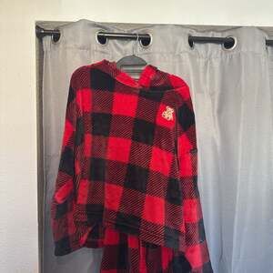 Joyspun Women's Oversized Plush Lounger Hoodie Red Buffalo Plaid